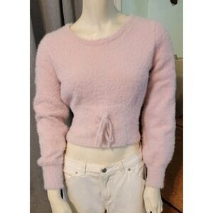 Almost Famous Fuzzy Knit Cropped Sweater Baby Pink Crew Neck Long Sleeve Size S